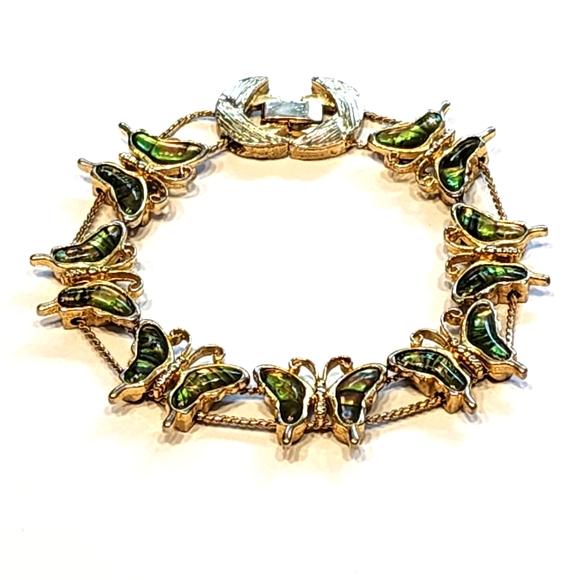 Vintage 90s Gold Tone Butterfly Slider Charm Bracelet Abalone Shell  Iridescent - Picture 1 of 6